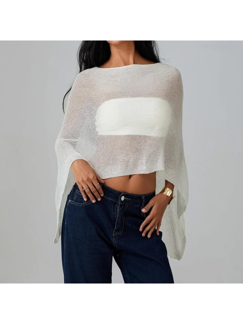 Women's White Sheer Poncho Top Knit Crochet Lightweight See Through Shawl